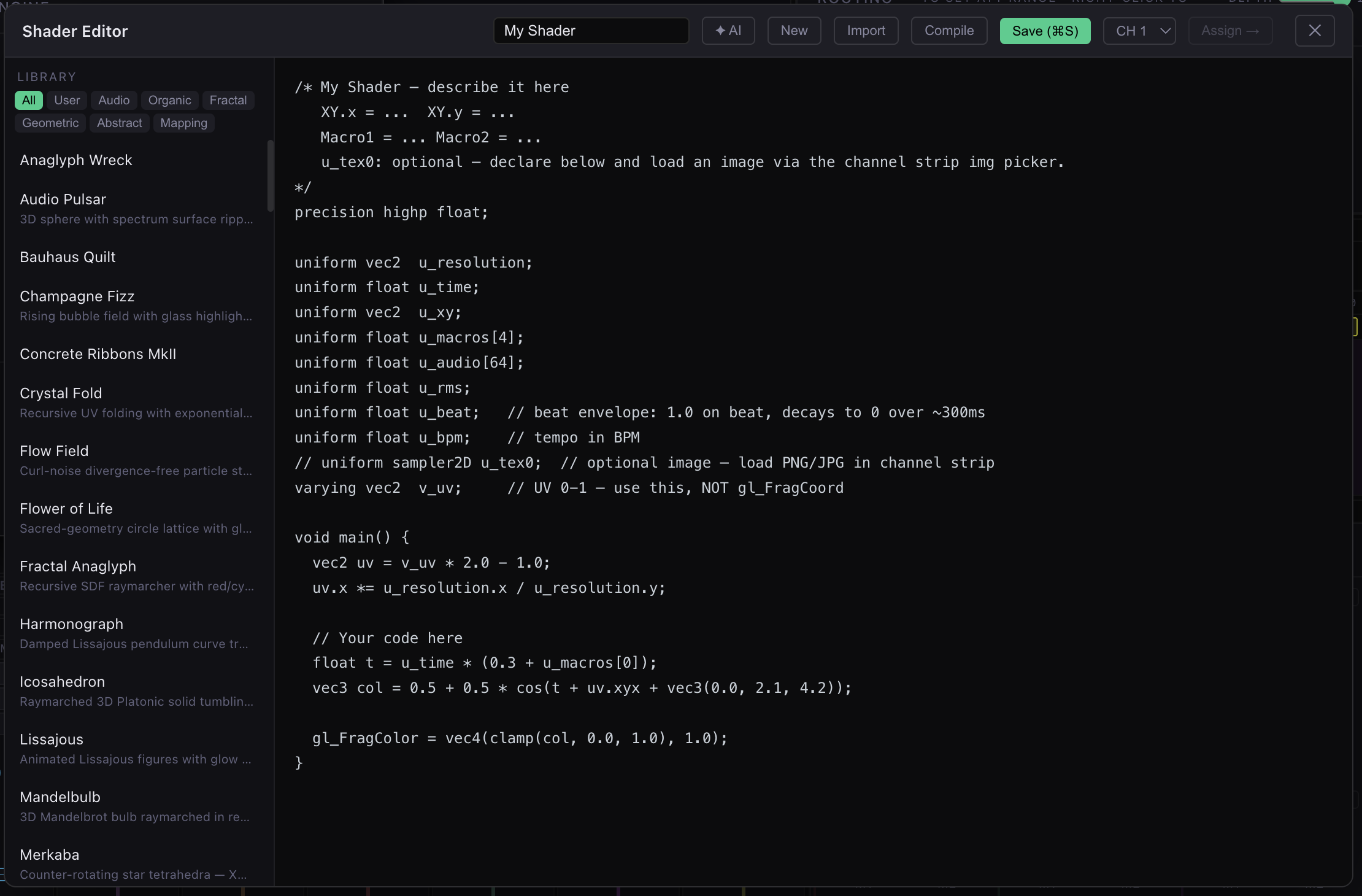 The AI shader editor generating a live GLSL shader